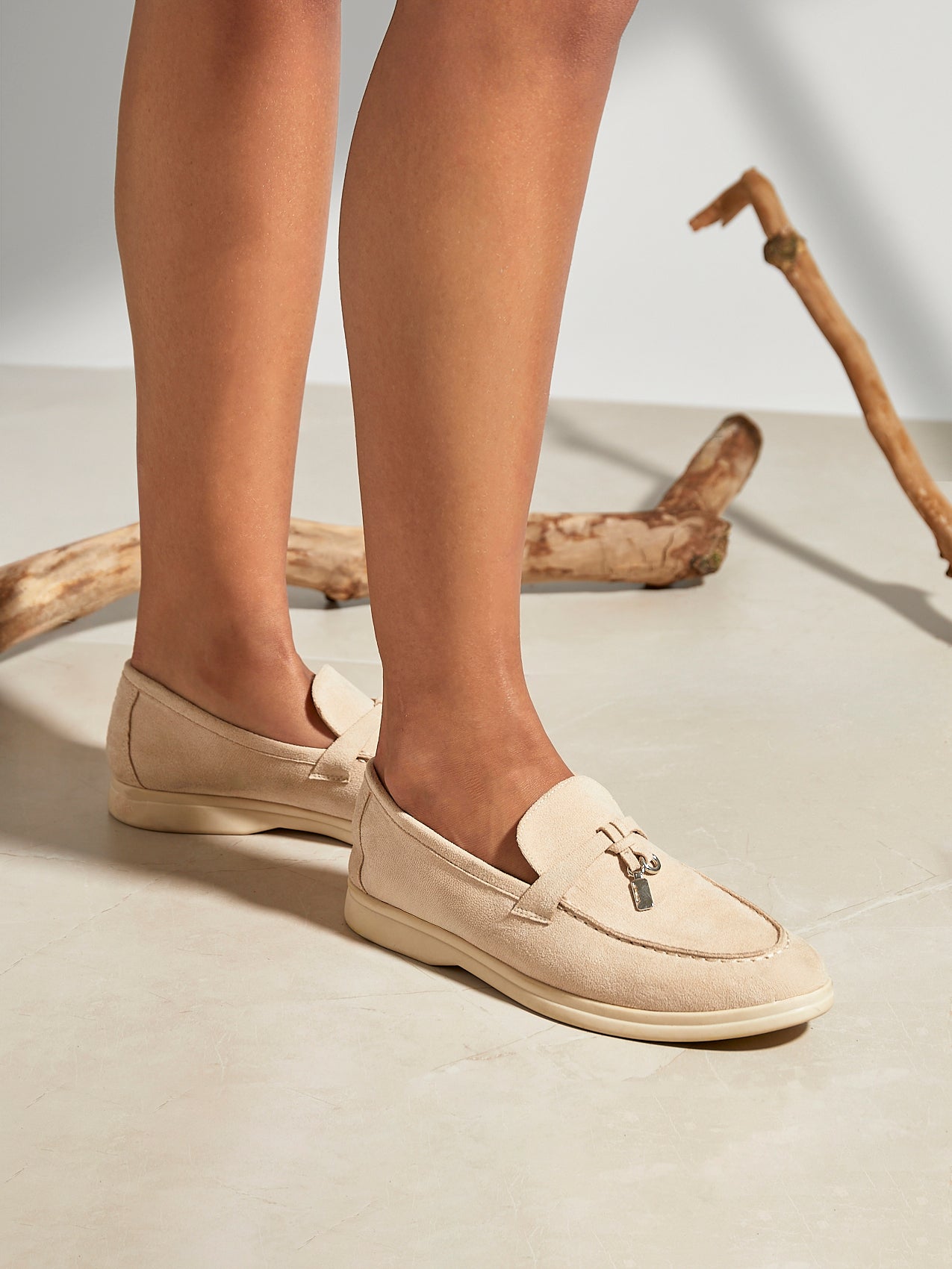 Alette Beige Faux Suede Slip On Loafers