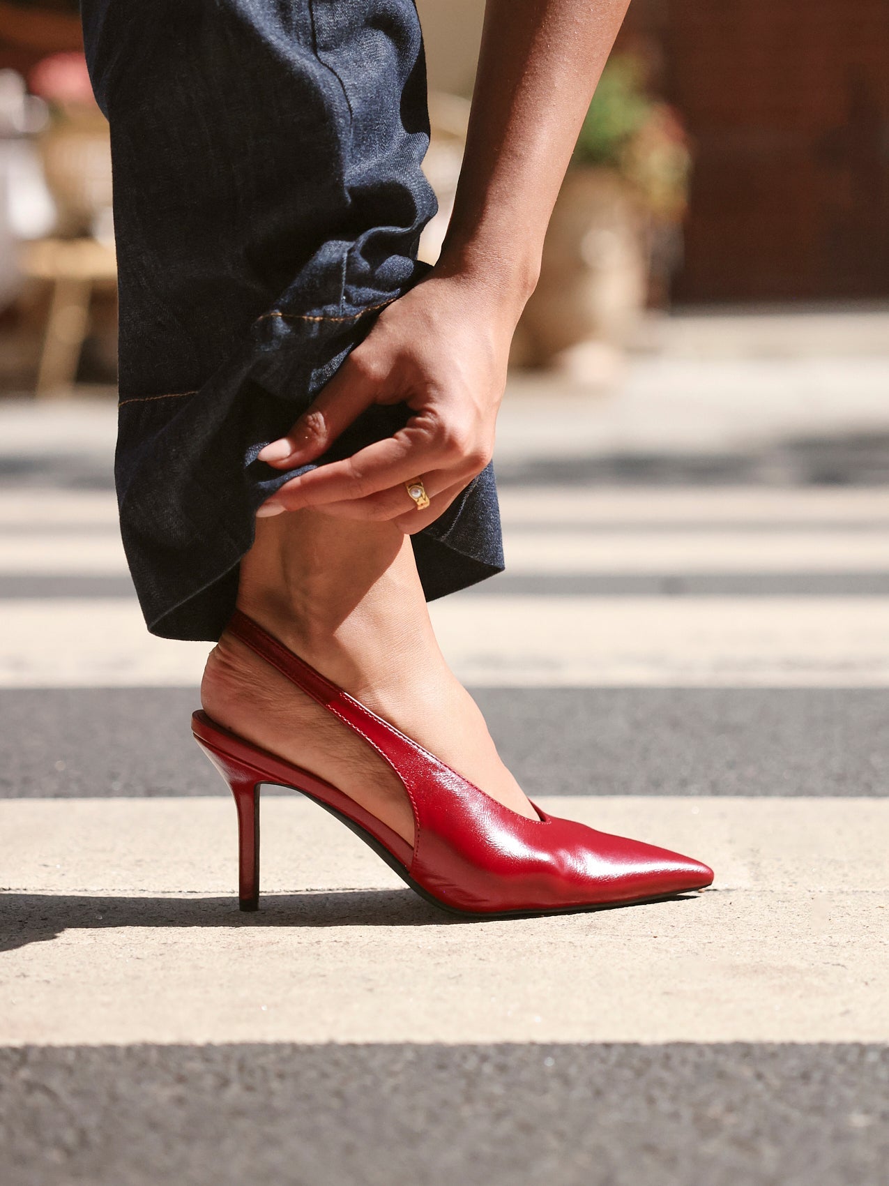 Evoke Red Faux Leather Sling Back Court Heels