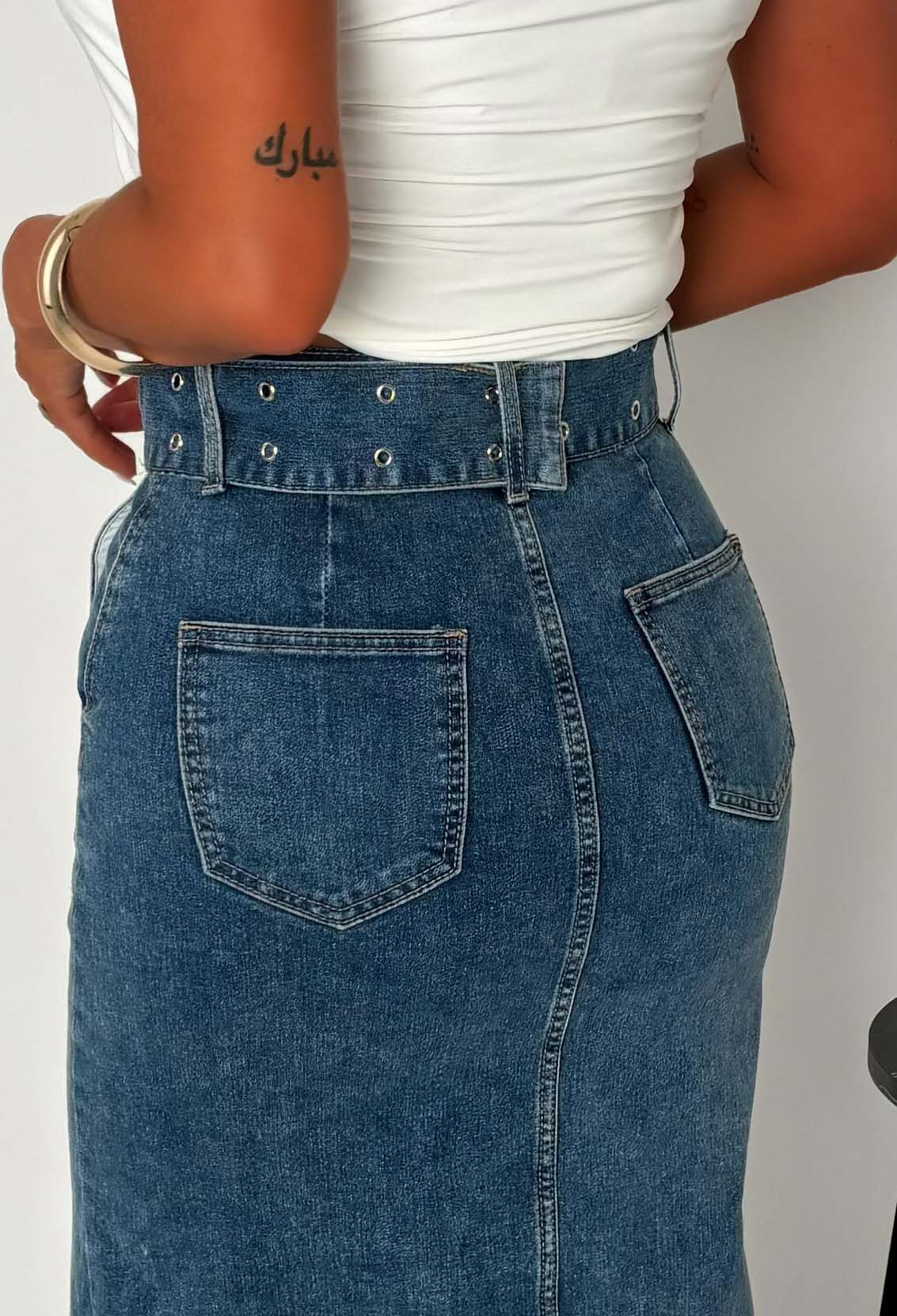 Ellie Mid Blue Stretch Denim Belted Midi Skirt