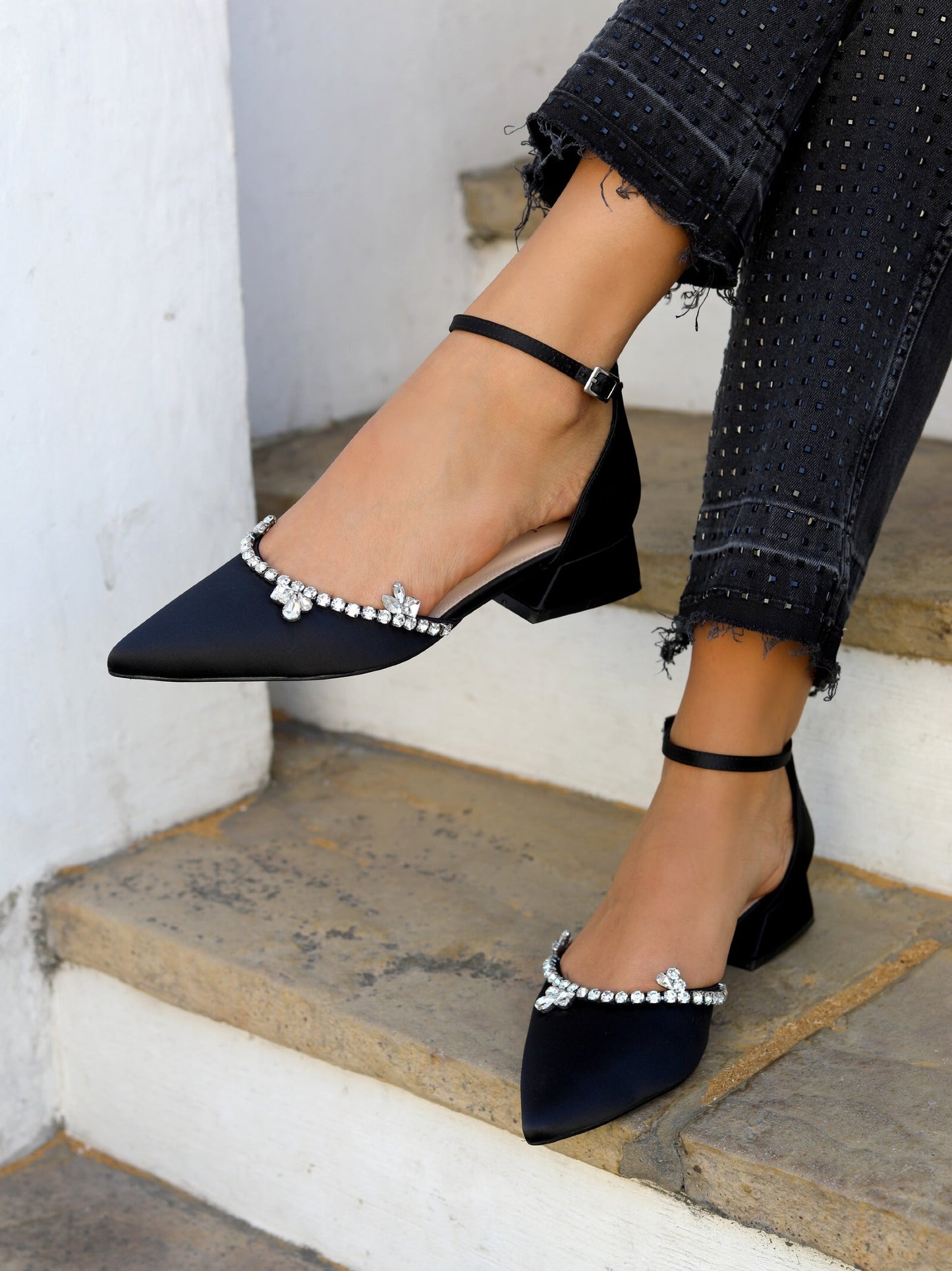 Lucia Black Satin Low Court Heel