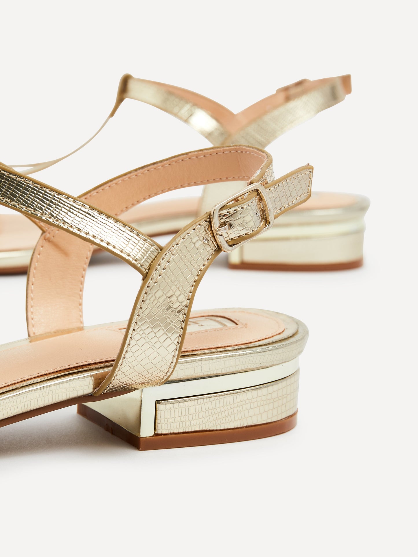 Lavish Gold T-Bar Low Block Heeled Sandals