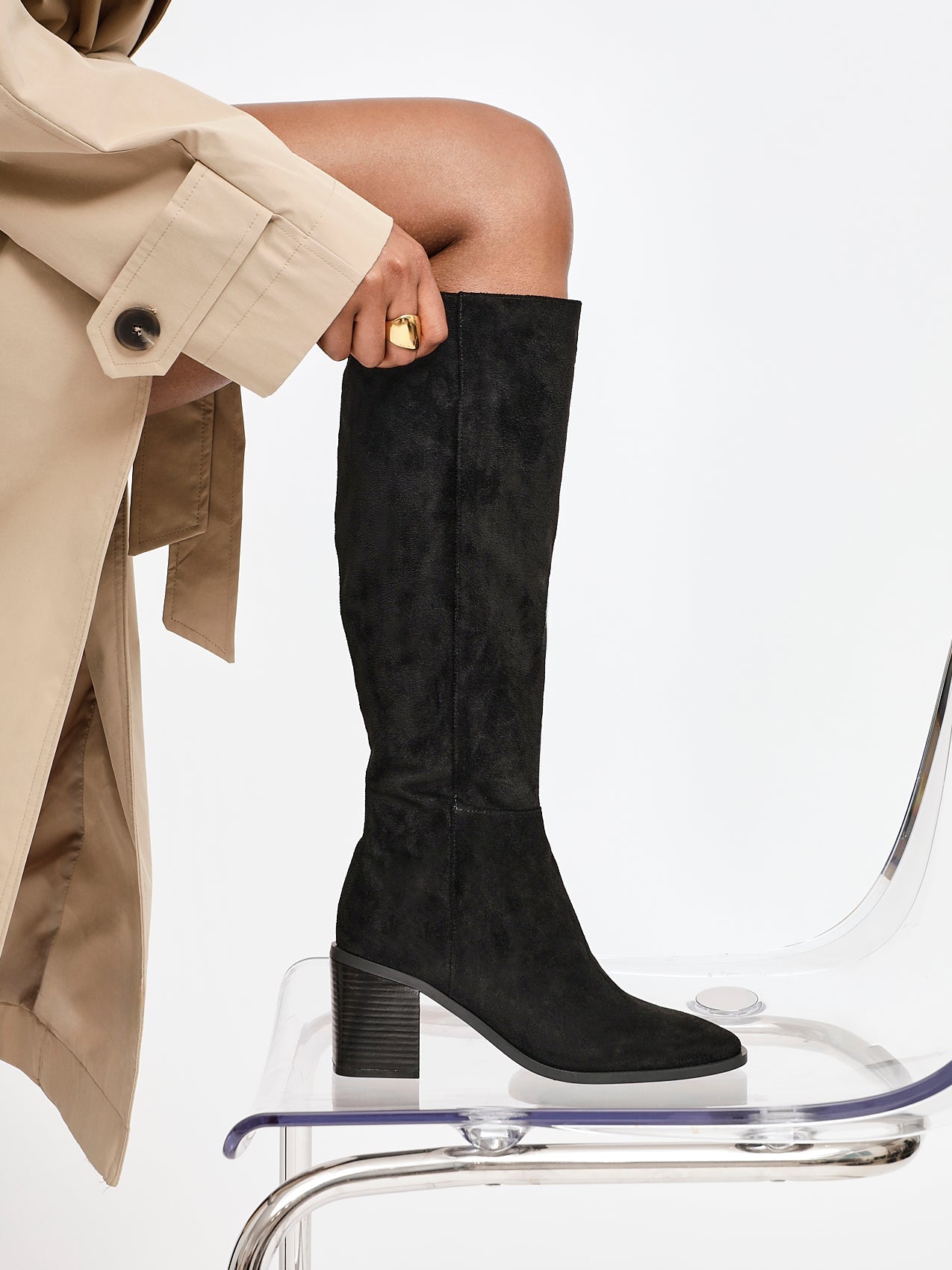 Levine Black Block Heeled Long Boots