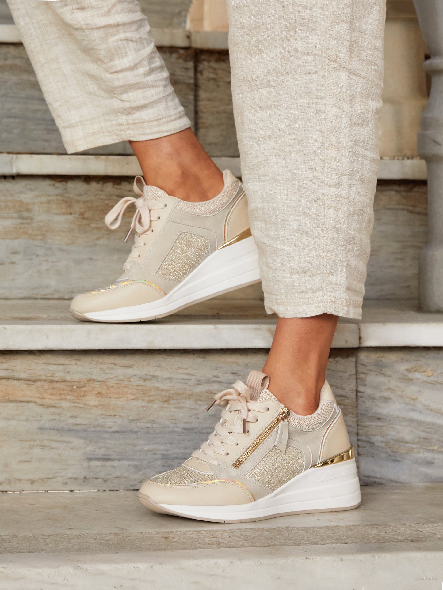 Everett Gold & Nude Wedged Trainers