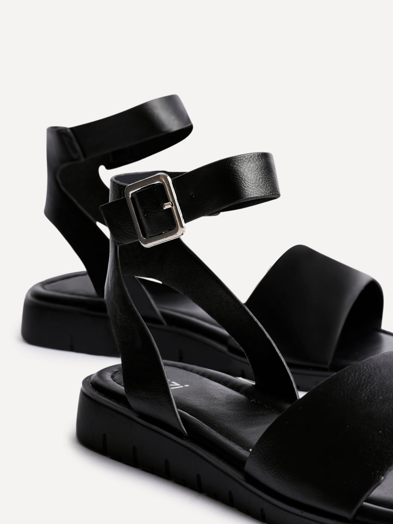 Nora Black Faux Leather Flat Sandals