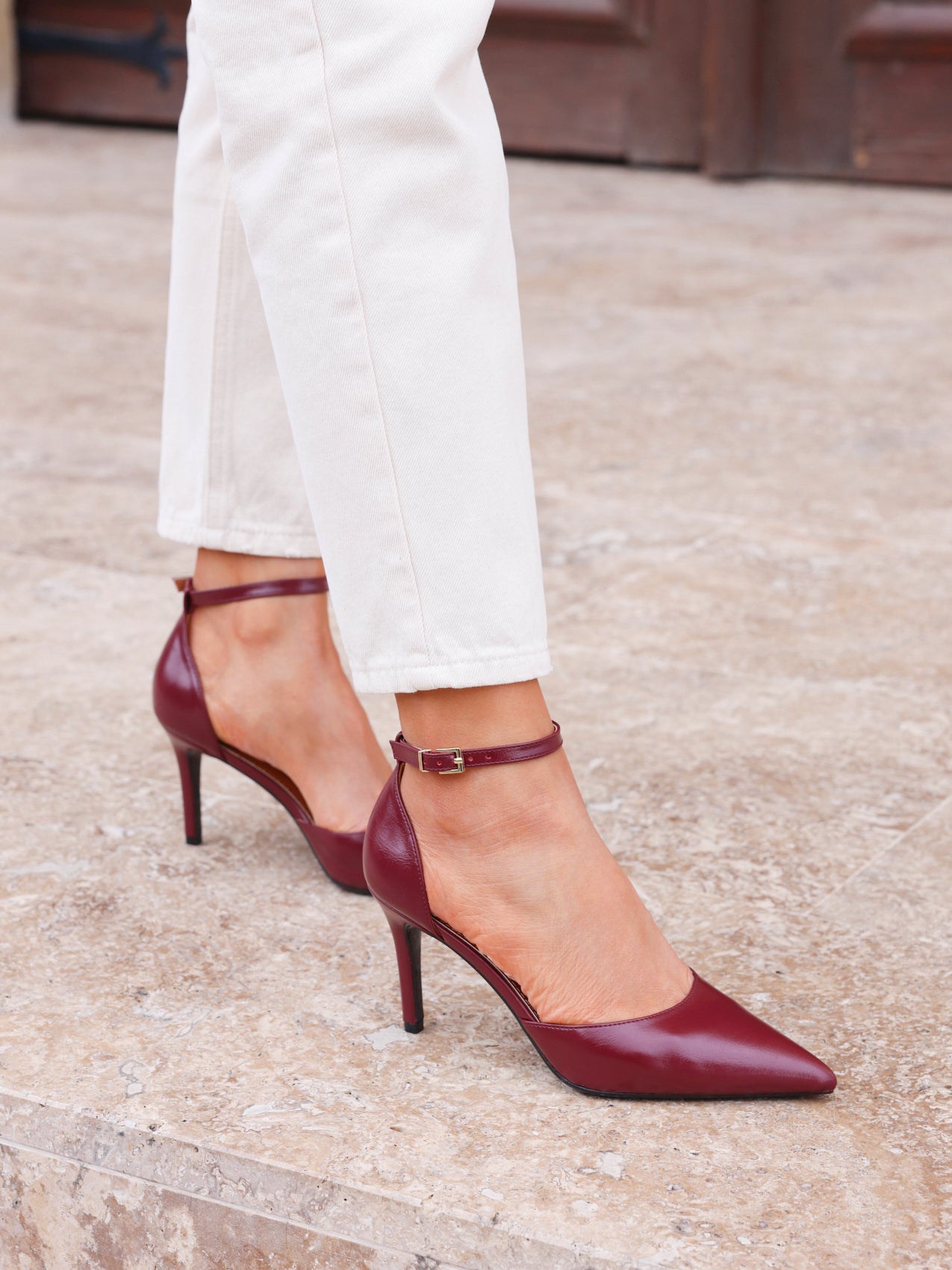 Thea Burgundy Faux Leather Stiletto Court Heels