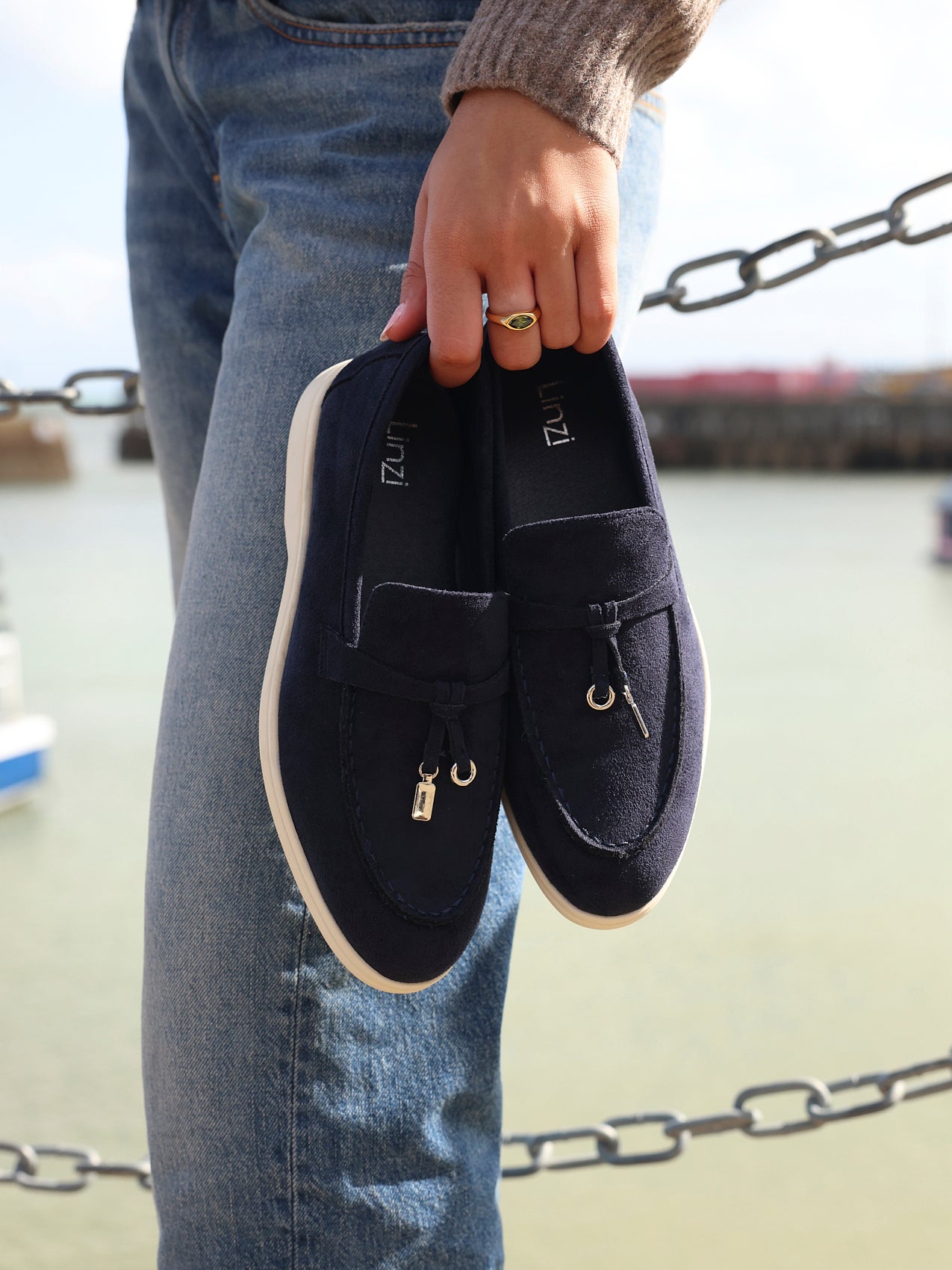 Alette Navy Faux Suede Slip On Loafers