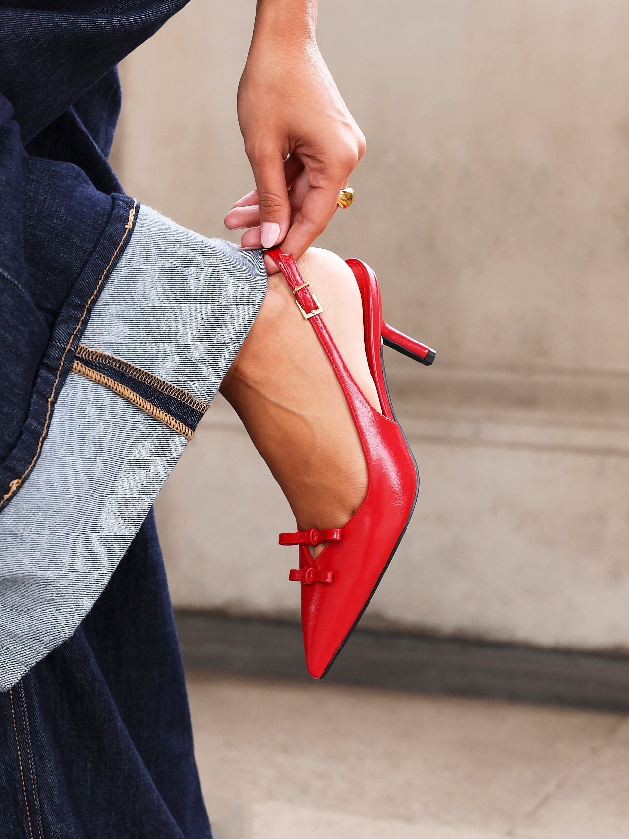 Aysha Red Faux Leather Bow Court Heels