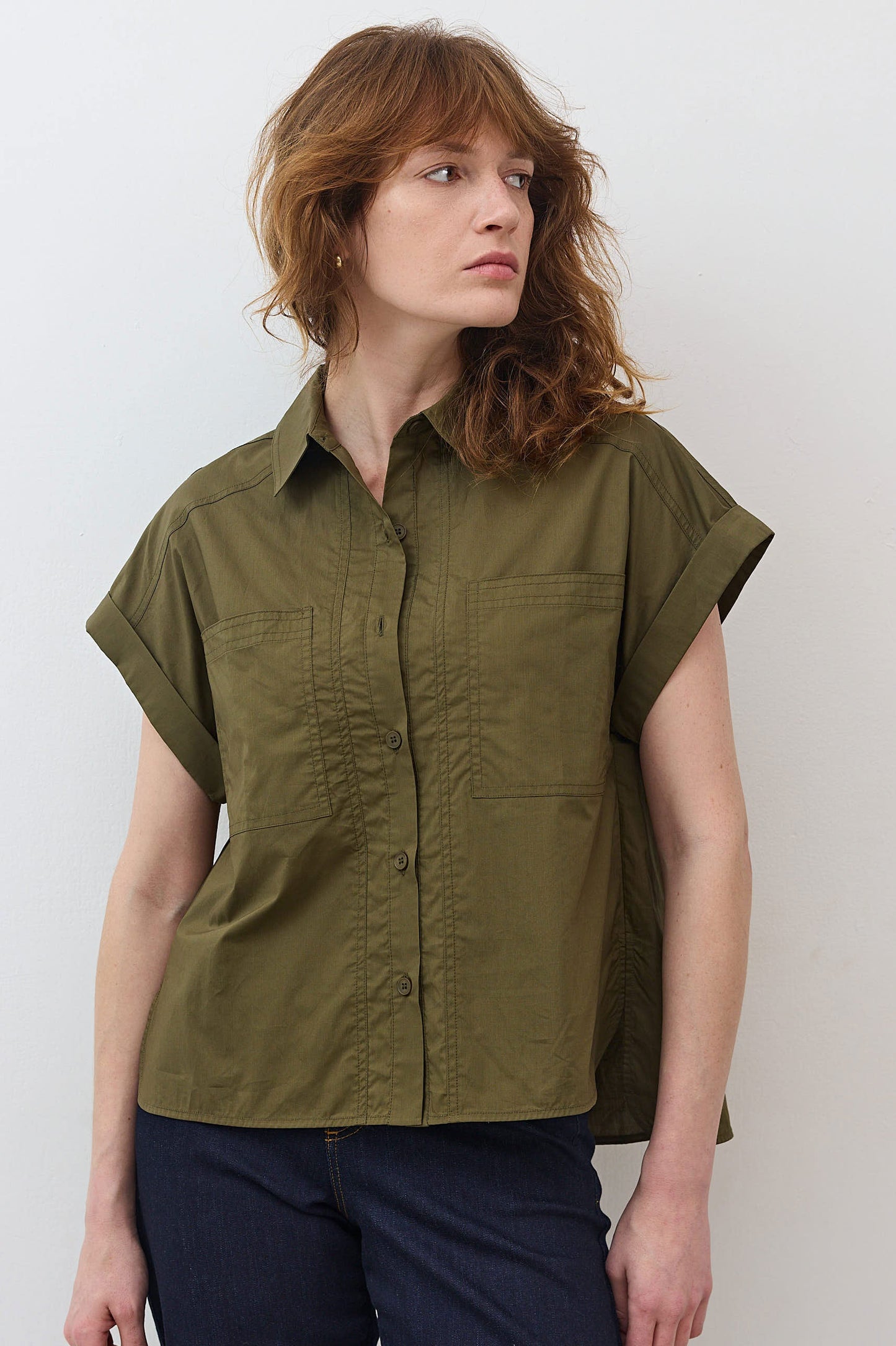 Short Sleeve Poplin Button Down Blouse