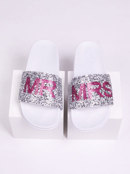 Joyous White Mr & Mrs Diamante Sliders