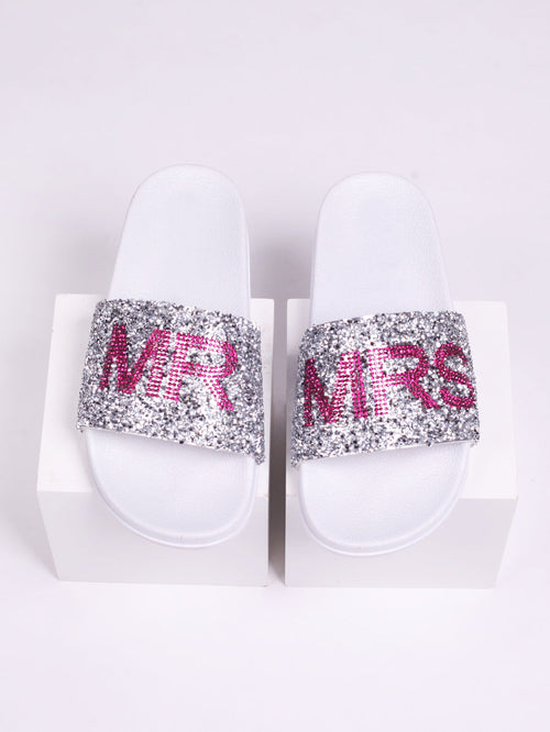 Joyous White Mr & Mrs Diamante Sliders