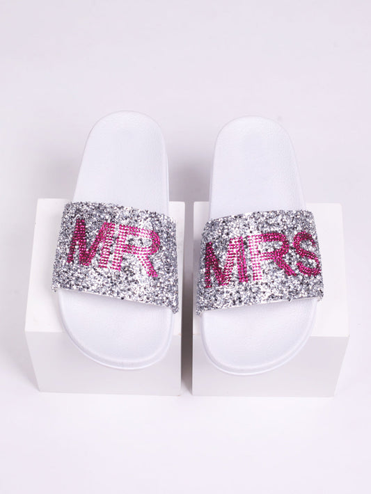 Joyous White Mr & Mrs Diamante Sliders