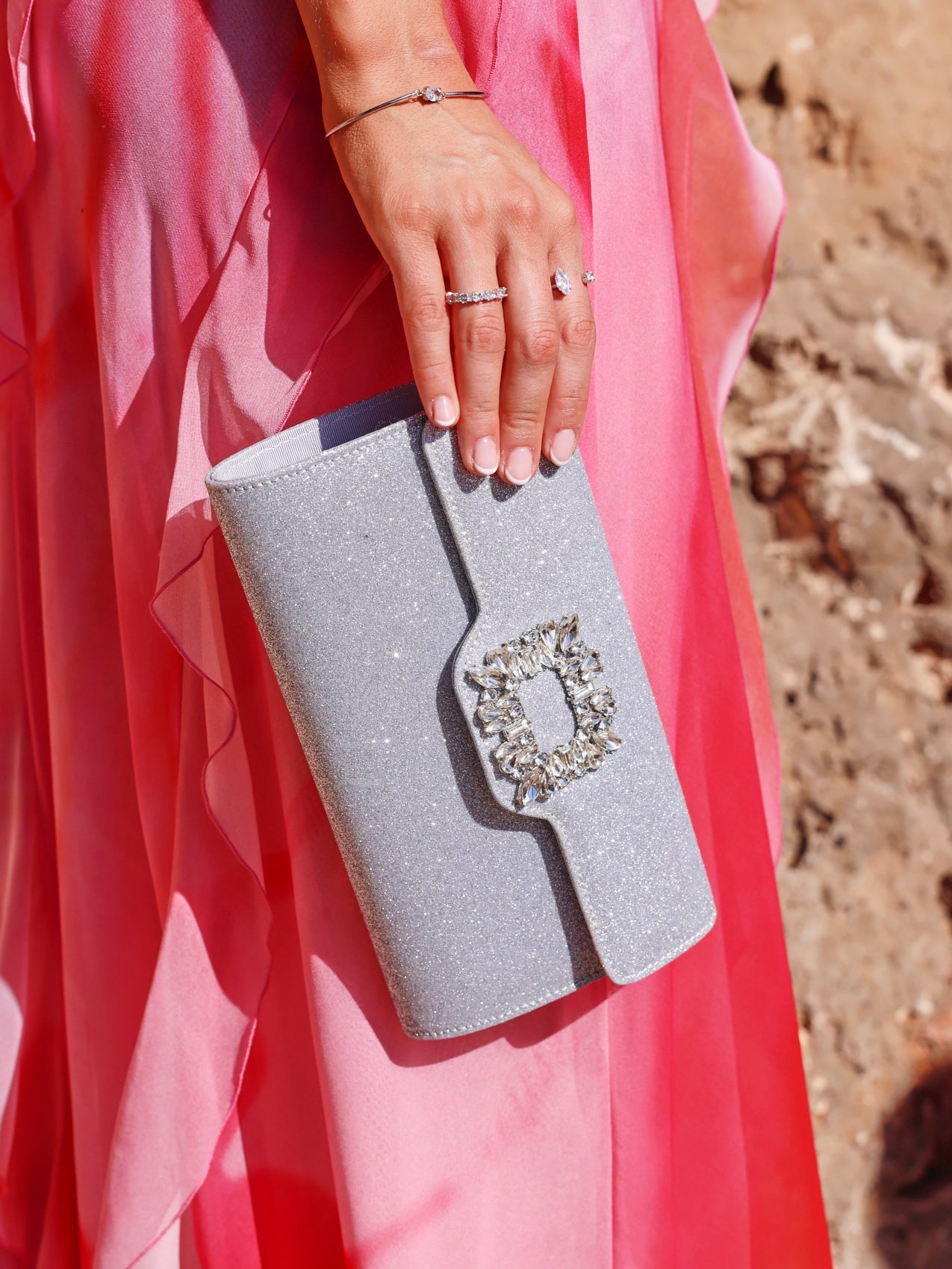 Wonder Silver Satin Diamante Clutch Bag