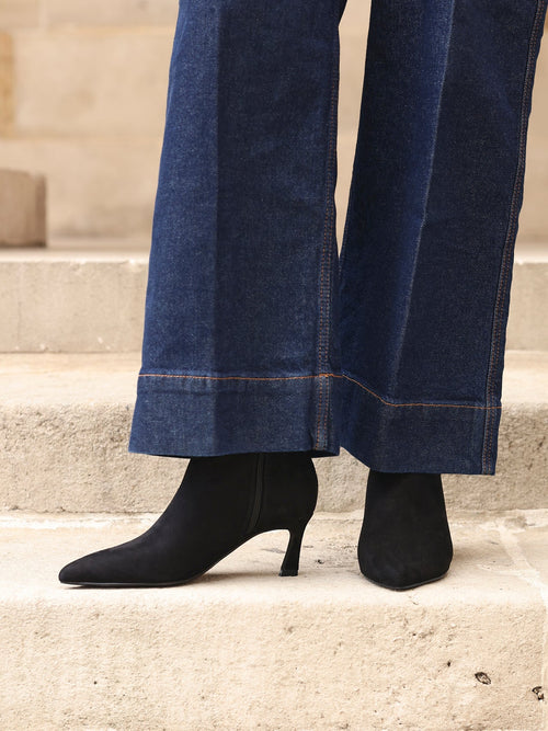 Secured Black Faux Suede Stiletto Ankle Boots