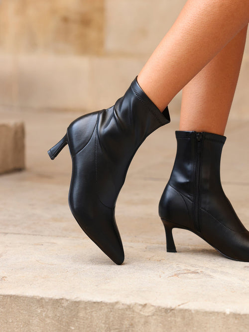 Upgrade Black Faux Leather Kitten Heel Sock Boots