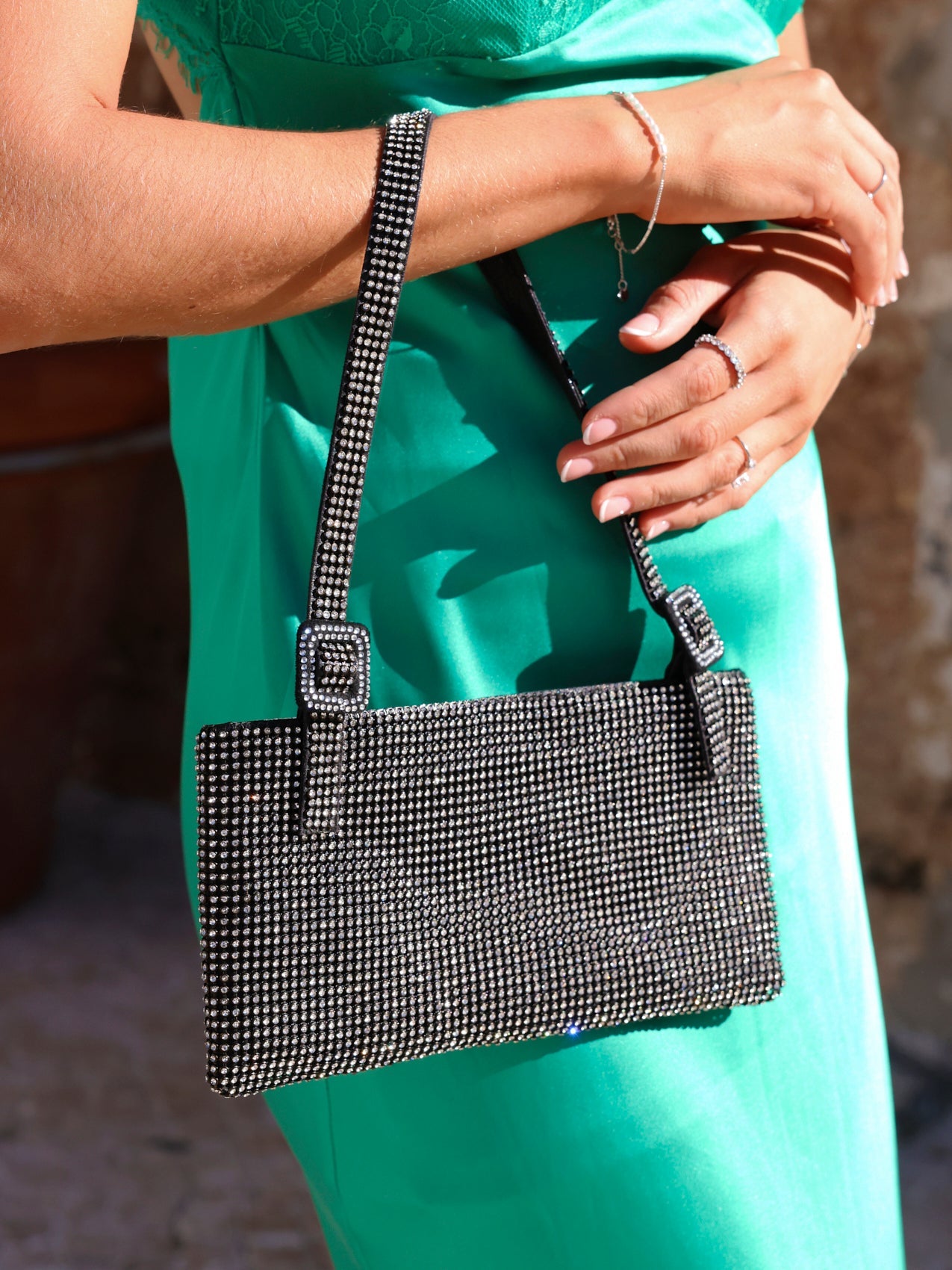 Fantasy Black Satin Diamante Shoulder Bag