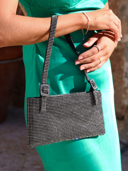 Fantasy Black Satin Diamante Shoulder Bag
