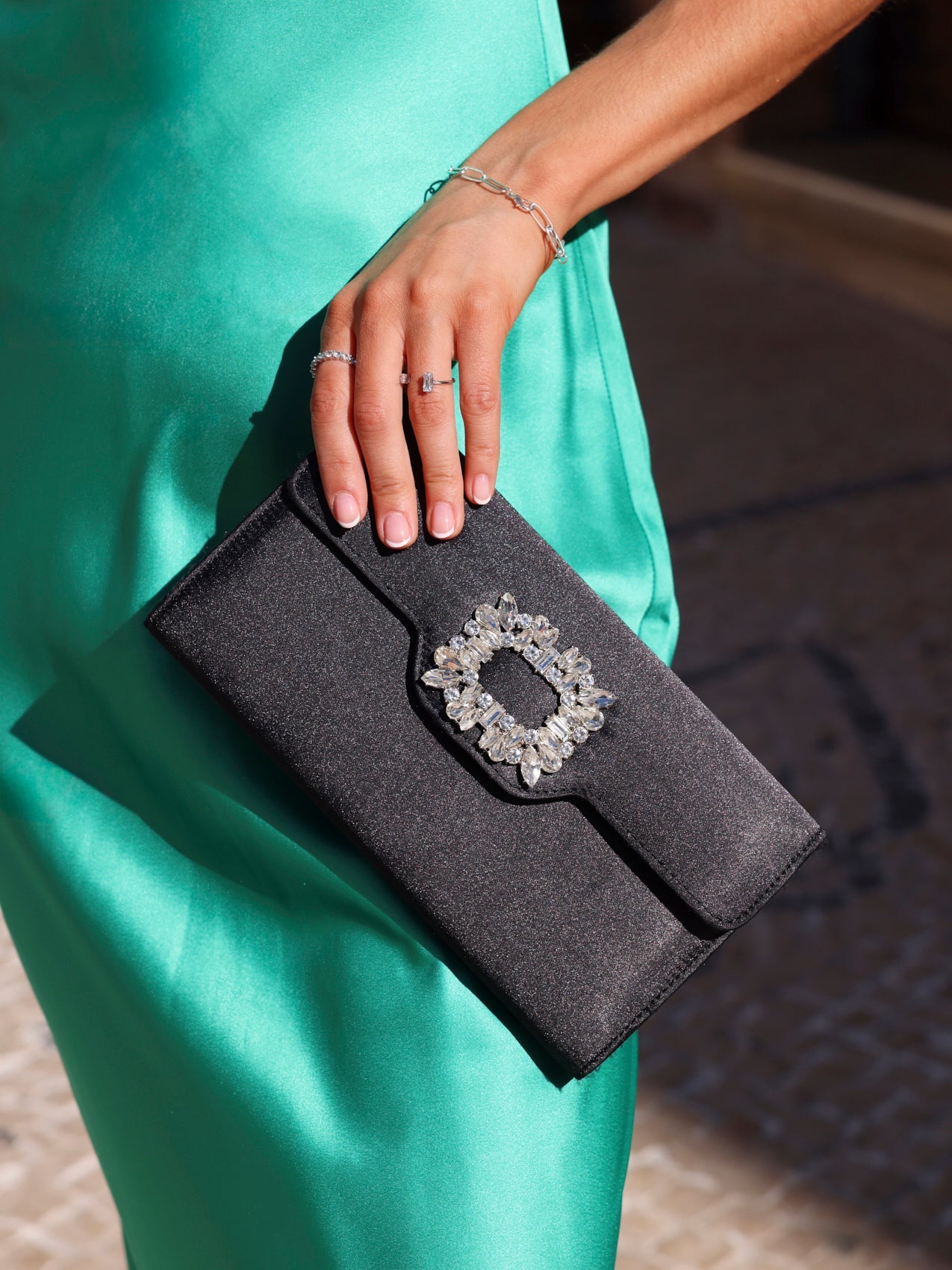 Wonder Black Satin Diamante Clutch Bag