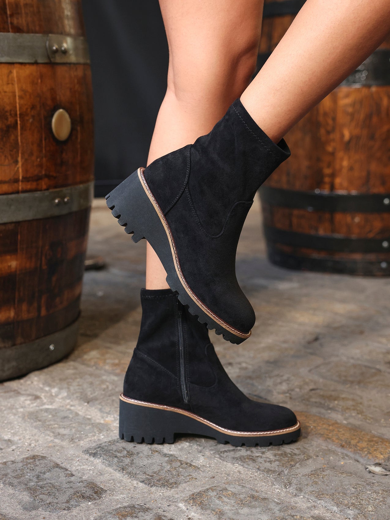 Trish Black Faux Suede Wedged Ankle Boots