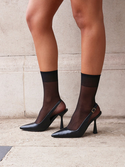 Una Black Lycra Sling Back Court Heels