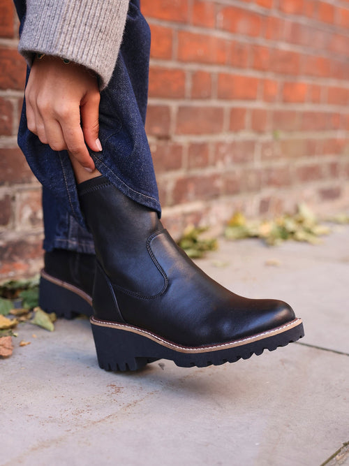 Trish Black Faux Leather Wedged Ankle Boots