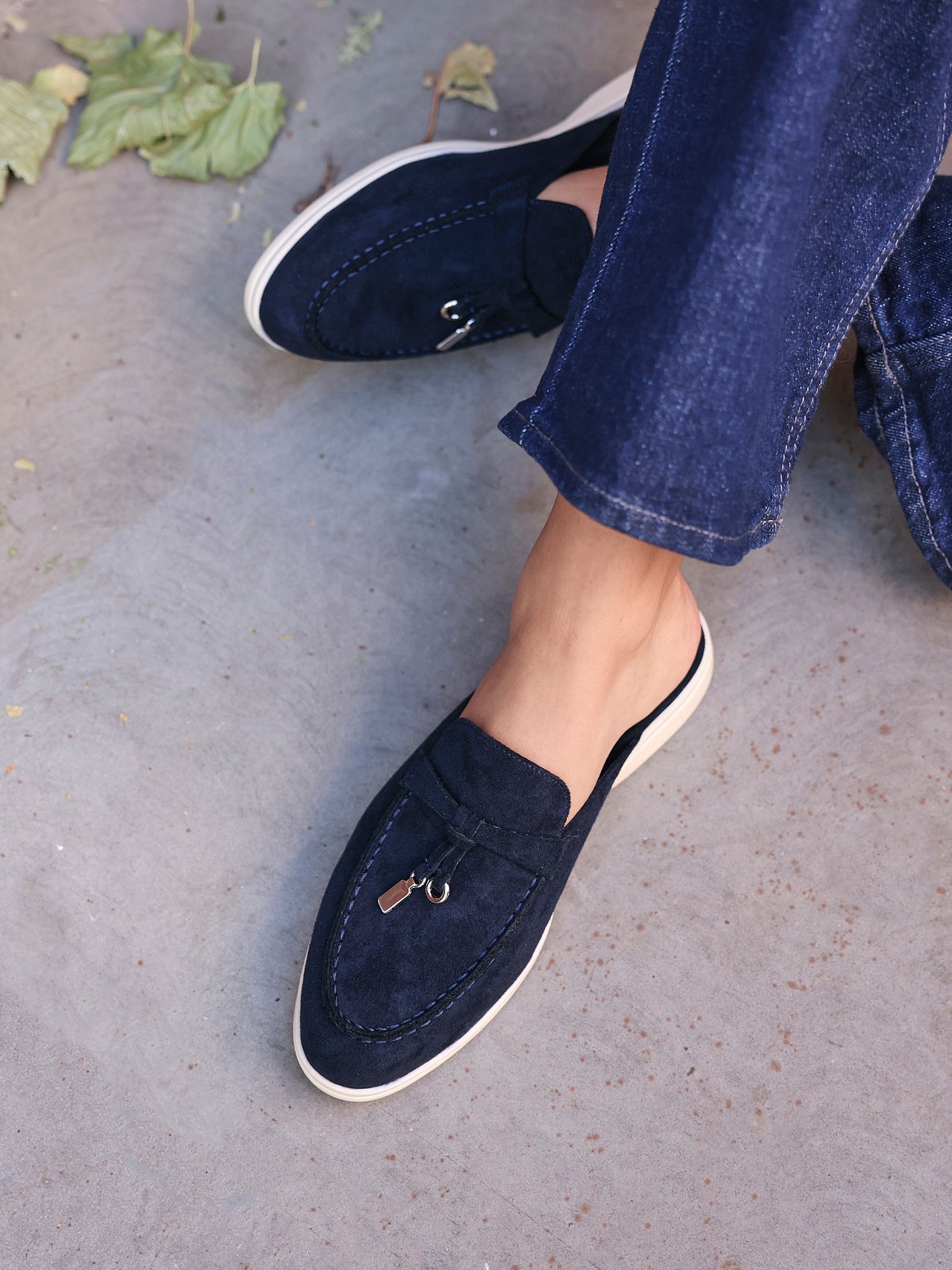 Alix Navy Faux Suede Slip On Mules