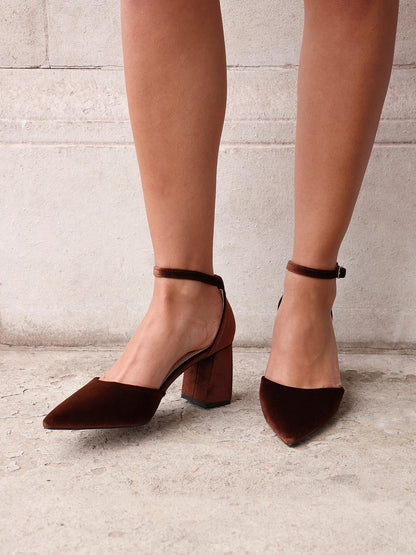 Glam Brown Velvet Block Court Heels