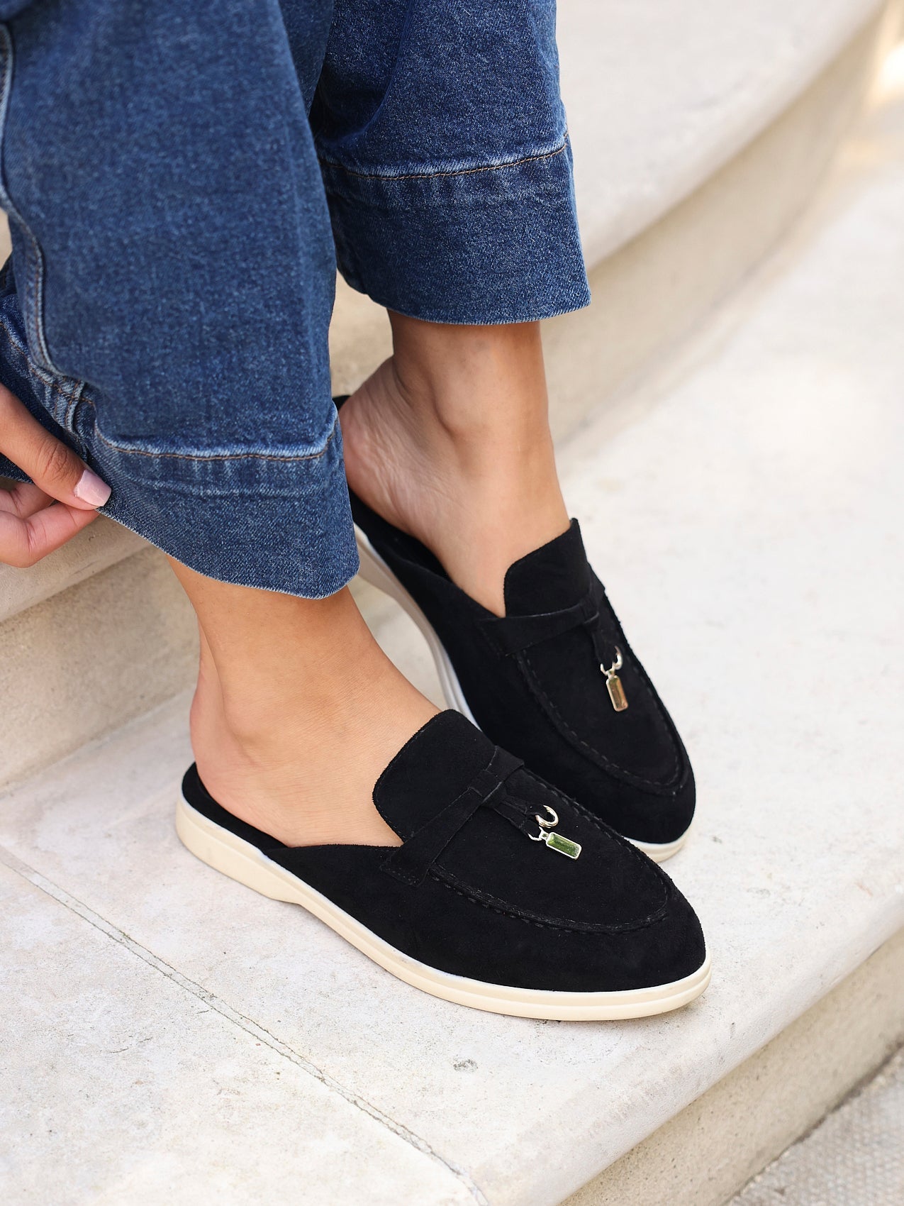 Alix Black Faux Suede Slip On Mules
