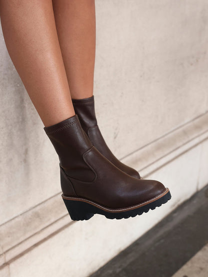 Trish Brown Faux Leather Wedged Ankle Boots