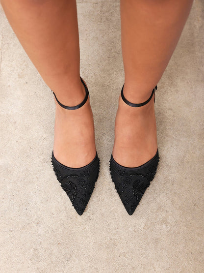 Serenade Black Beaded Mesh Court Heels