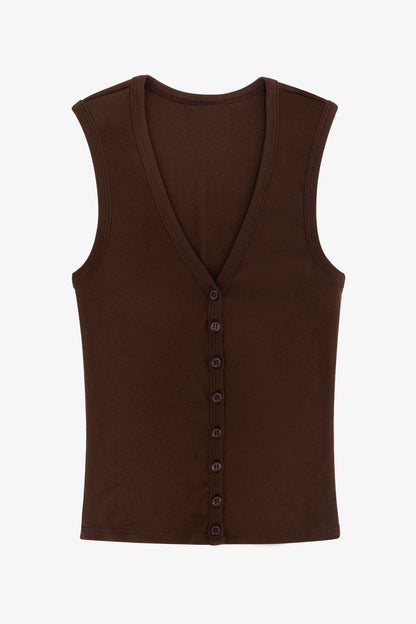 43575X - Baby Rib Sleeveless V Neck Button Up Top