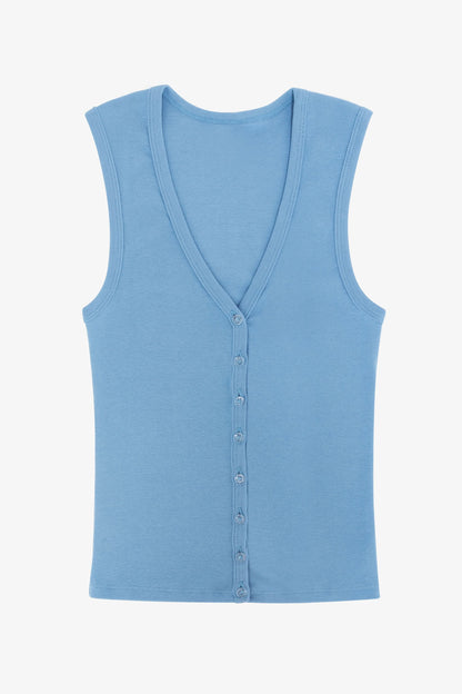43575X - Baby Rib Sleeveless V Neck Button Up Top