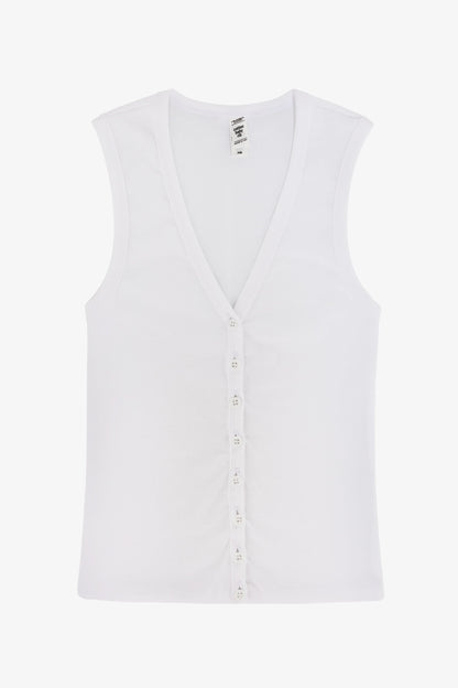 43575X - Baby Rib Sleeveless V Neck Button Up Top