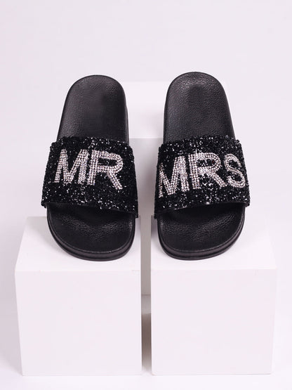 Joyous Black Mr & Mrs Diamante Sliders