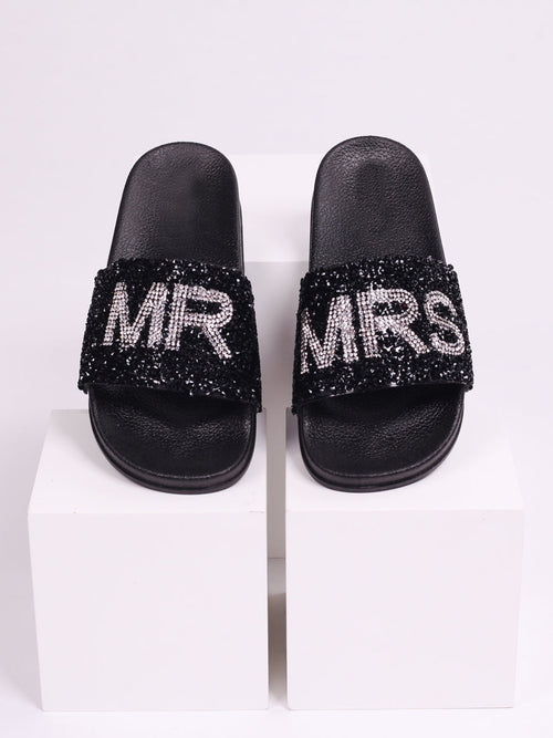 Joyous Black Mr & Mrs Diamante Sliders