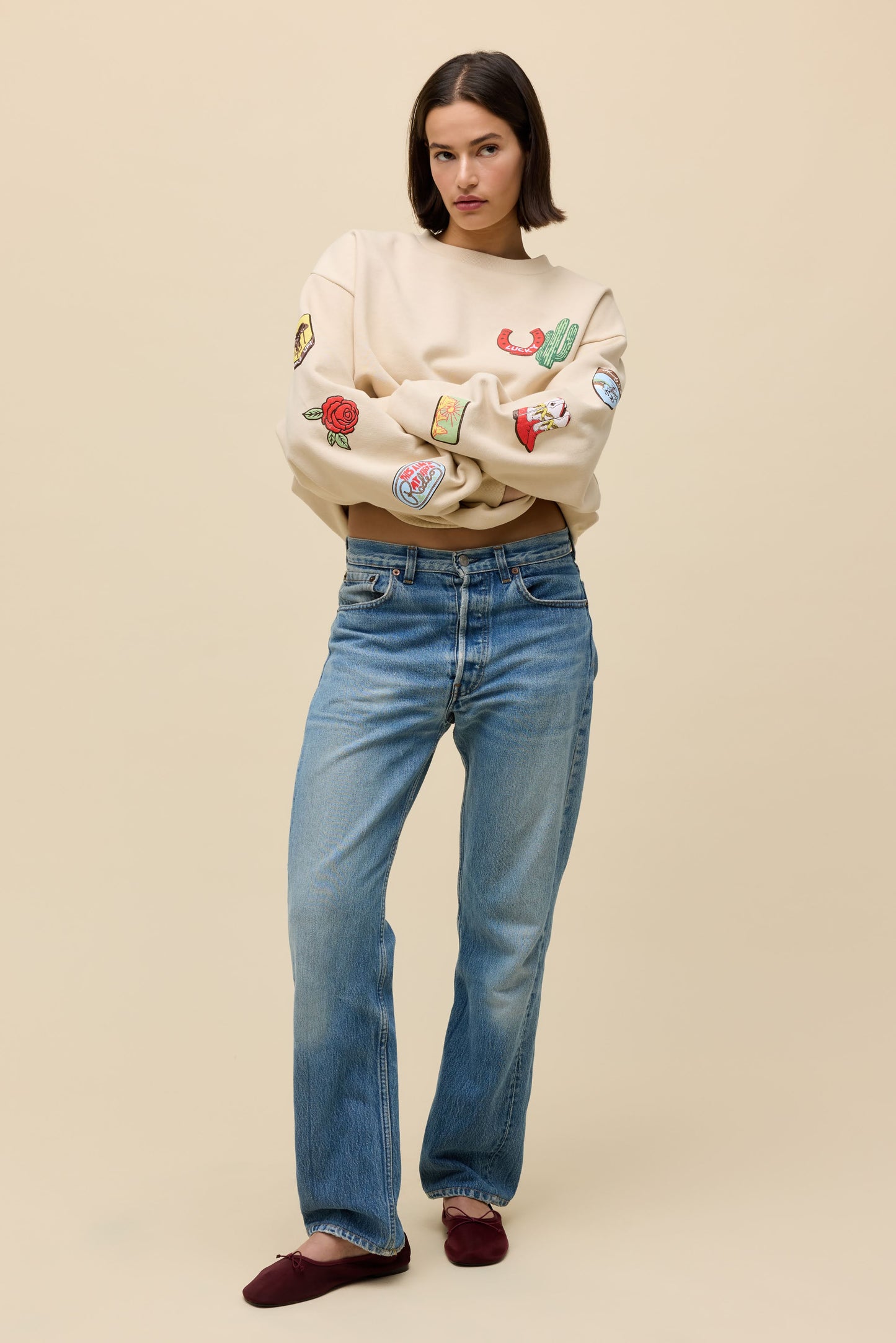western patches oversized crew sweatshirt