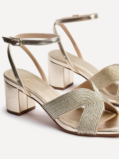 Alessia Gold Woven Block Heeled Sandals