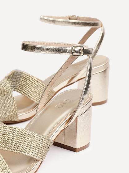 Alessia Gold Woven Block Heeled Sandals