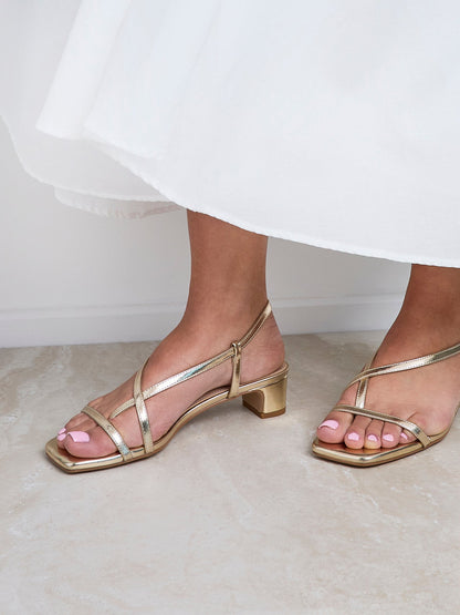 Arden Gold Faux Leather Block Heeled Sandals
