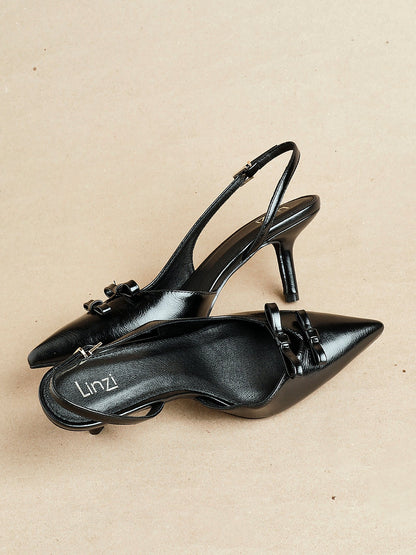 Aysha Black Faux Leather Bow Court Heels