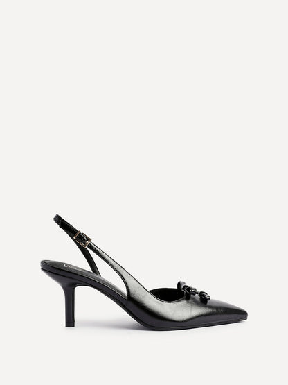 Aysha Black Faux Leather Bow Court Heels