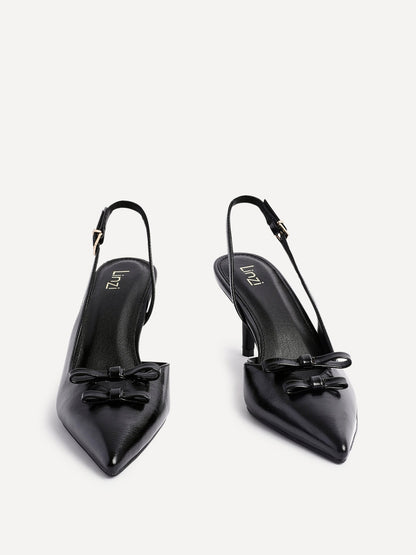Aysha Black Faux Leather Bow Court Heels