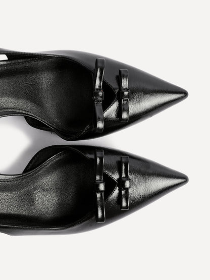 Aysha Black Faux Leather Bow Court Heels