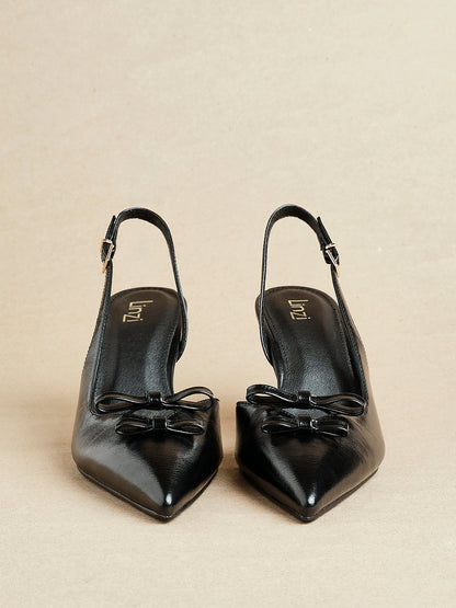 Aysha Black Faux Leather Bow Court Heels