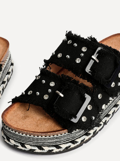Bahama Black Diamante Flatform Sandals