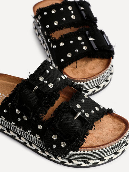 Bahama Black Diamante Flatform Sandals