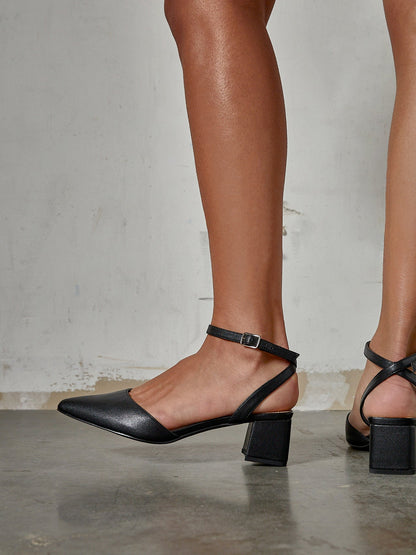 Suzy Wide Fit Black Faux Leather Court Heels
