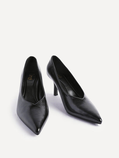 Bellamy Black Faux Leather V-Cut Court Heels
