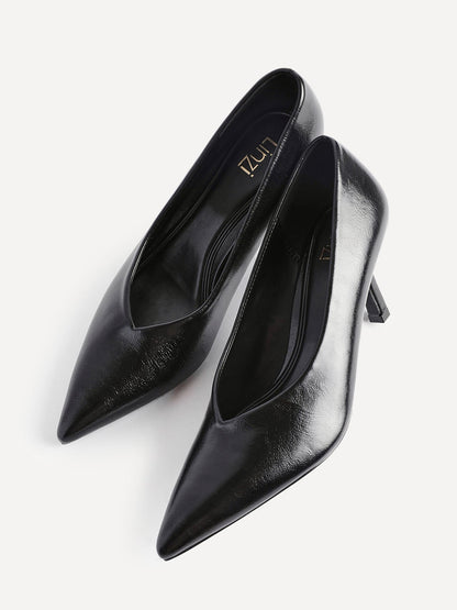 Bellamy Black Faux Leather V-Cut Court Heels