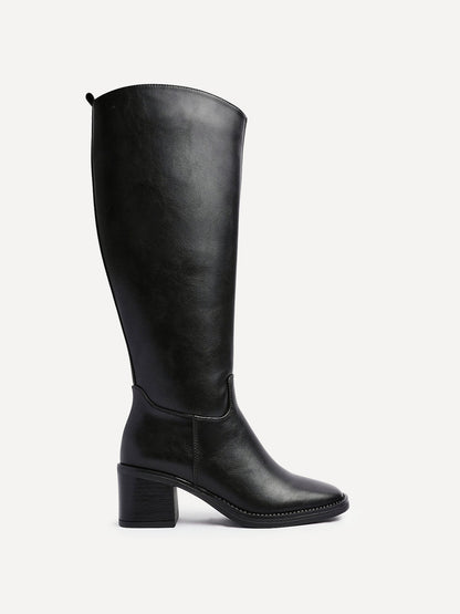 Brandy Black Long Block Heeled Boots