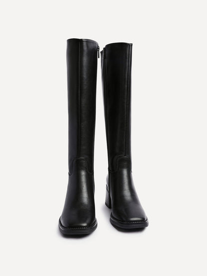 Brandy Black Long Block Heeled Boots